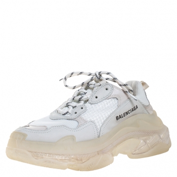 Pre Owned Balenciaga White Mesh, Nubuck And Leather Triple S Platform Sneakers Size 37