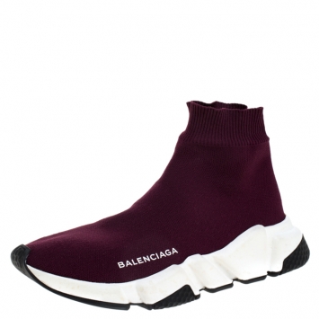 Pre Owned Balenciaga Burgundy Knit Fabric Speed Trainers Sneakers Size 37