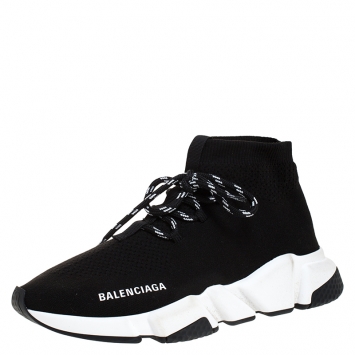 Pre Owned Balenciaga Black Knit Fabric Speed Trainer Lace Up Sneakers Size 38