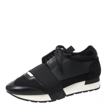 Pre Owned Balenciaga Black Leather, Mesh And Suede Race Runner Sneakers Size 37
