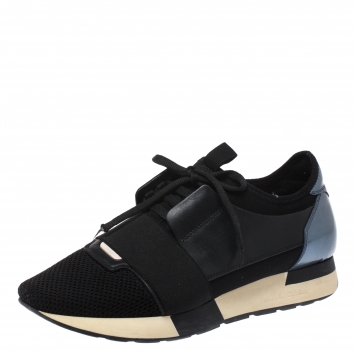 Pre Owned Balenciaga Black Leather, Mesh And Patent Leather Race Runner Sneakers Size 39