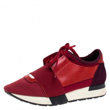 Pre Owned Balenciaga Red/Purple Suede Leather And Mesh Race Runner Sneakers Size 37