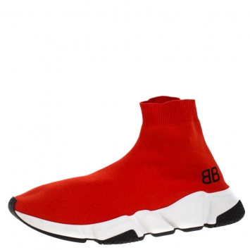 Pre Owned Balenciaga Red Knit Fabric Speed Trainer Sneakers Size 42