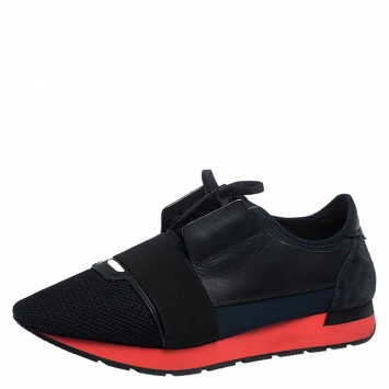 Pre Owned Balenciaga Black/Red Leather And Mesh Race Runner Low Top Sneakers Size 44