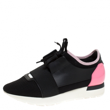 Pre Owned Balenciaga Black/Pink Leather And Mesh Race Runner Sneakers Size 38