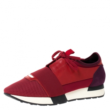 Pre Owned Balenciaga Red Mesh, Leather And Suede Race Runners Sneakers Size 40