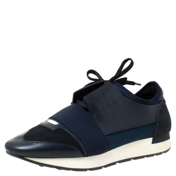 Pre Owned Balenciaga Black Leather, Mesh And Suede Race Runner Sneakers Size 41