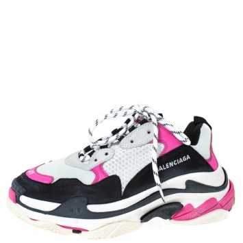 Pre Owned Balenciaga Neon Pink/Black Nubuck, Leather And Mesh Triple S Platform Sneakers Size 41