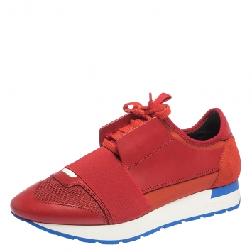 Pre Owned Balenciaga Red Leather And Mesh Race Runners Sneakers Size 39