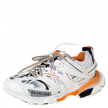 Pre Owned Balenciaga White/Orange Leather And Mesh Track Trainers Size 38