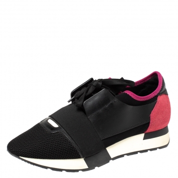 Pre Owned Balenciaga Black/Pink Leather And Mesh Race R Sneakers Size 39