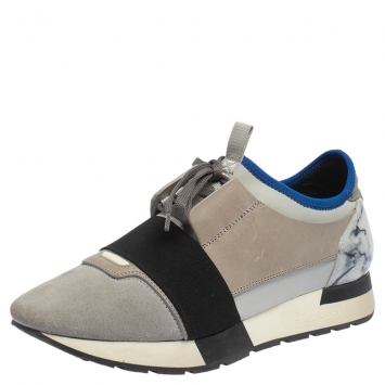Pre Owned Balenciaga Grey/Blue Leather, Suede Race Runner Marble Sneakers Size 39