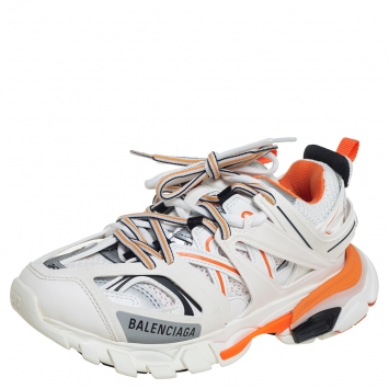 Pre Owned Balenciaga White/Orange Rubber And Mesh Track Trainers Size 36