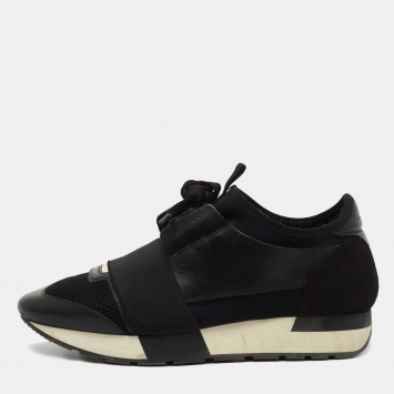 Pre Owned Balenciaga Black Leather and Suede Race Runner Sneakers Size 37