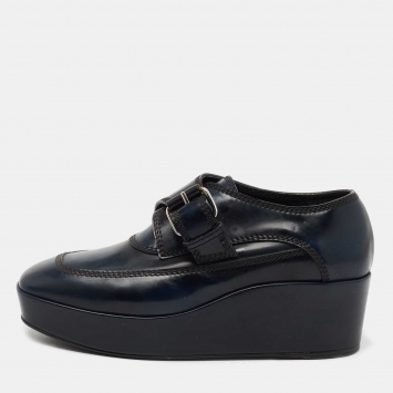 Pre Owned Balenciaga Two Tone Leather Monk Strap Platform Loafers Size 36