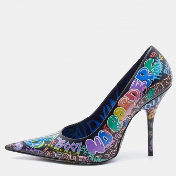 Pre Owned Balenciaga Black Leather Graffiti Print BB Pointed Toe Pumps Size 38