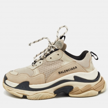 Pre Owned Balenciaga Grey Mesh and Leather Triple S Sneakers Size 37