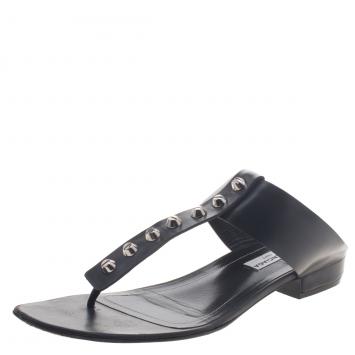 Pre Owned Balenciaga Black Leather Studded T-Strap Sandals Size 39