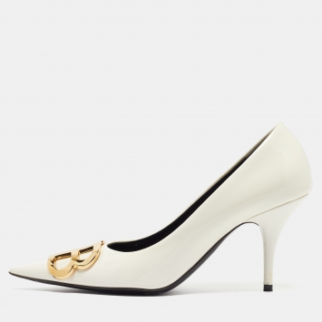 Pre Owned Balenciaga White Patent Leather BB Pointed Pumps Size 37
