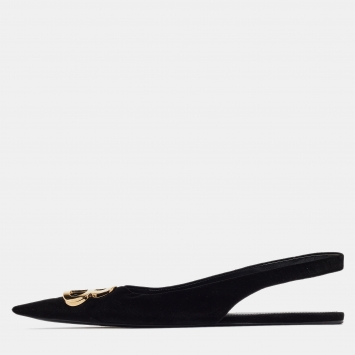 Pre Owned Balenciaga Black Velvet BB Slingback Flats Size 38