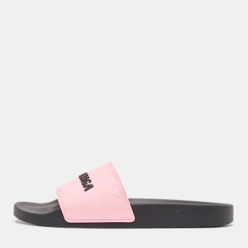 Pre Owned Balenciaga Black/Pink Logo Rubber Pool Slides Size 40