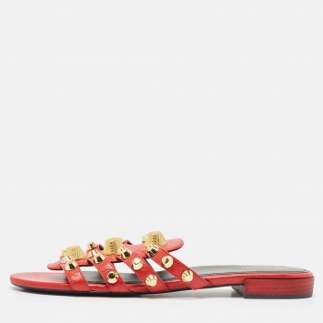 Pre Owned Balenciaga Red Leather Studded Arena Flat Slides Size 41