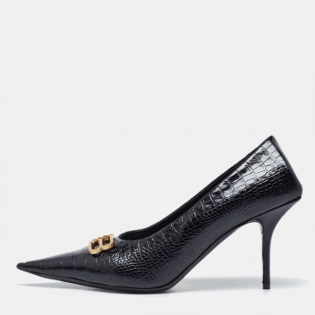 Pre Owned Balenciaga Black Croc Embossed Leather Knife Pointed Toe Pumps Size 40
