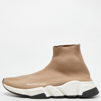 Pre Owned Balenciaga Beige Knit Fabric Speed Trainer High-Top Sneakers Size 38
