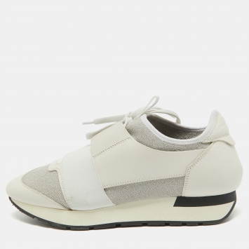 Pre Owned Balenciaga White/Silver Leather and Knit Fabric Race Runner Sneakers Size 38