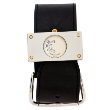 Pre Owned Balenciaga Cream Stainless Steel Leather Limited Edition Rectangular Women's Wristwatch 45 mm