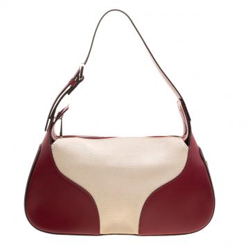 Pre Owned Bally Burgundy and Off-White Leather and Canvas Shoulder Bag