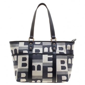 Pre Owned Bally Navy Blue Canvas B Print Shopper Tote