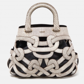 Pre Owned Bally Ivory/Black Snakeskin Embossed Leather Papillon Tote