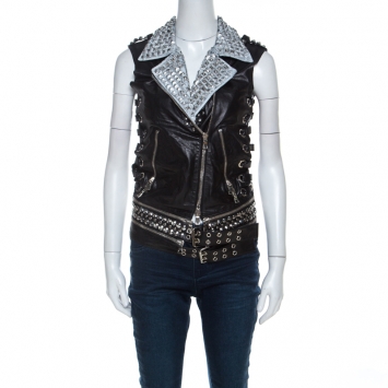Pre Owned Balmain Black Leather Painted Collar & Studded Detail Gilet S 