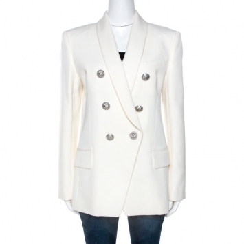 Pre Owned Balmain Off White Wool Double Breasted Blazer M