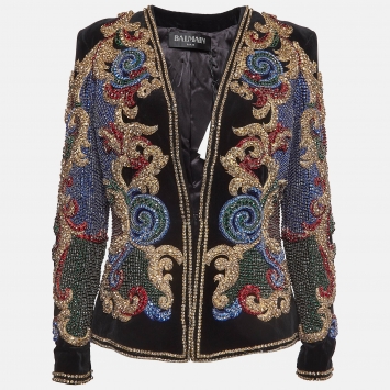 Pre Owned Balmain Black Crystal Embellished Velvet Jacket L
