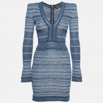 Pre Owned Balmain Blue Stretch Tweed Mini Bodycon Dress S