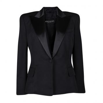 Pre Owned Balmain Black Wool Satin Collar Detail Power Shoulder Blazer L