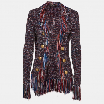 Pre Owned Balmain Multicolor Button Embellished Knit Fringed Jacket S