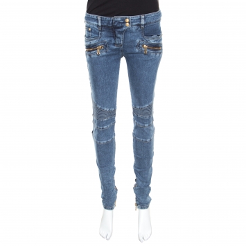 Pre Owned Balmain Indigo Washed Denim Pin-tucked Panel Zip Detail Skinny Biker Jeans S