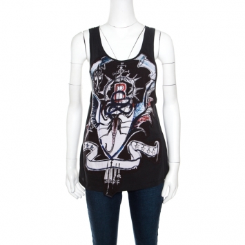Pre Owned Balmain Dark Green Scorpion Printed Applique Detail Cotton Tank Top S