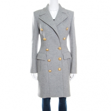 Pre Owned Balmain Grey Wool and Cashmere Gold Button Detail Double Breasted Overcoat S