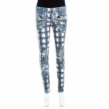 Pre Owned Balmain Indigo Light Washed Denim Baroque Printed Skinny Biker Jeans S
