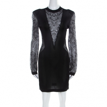 Pre Owned Balmain Black Sheer Lace Paneled Mini Bodycon Dress M