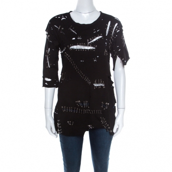 Pre Owned Balmain Black Cotton Safety Pin Embelliished Cut Out Top S
