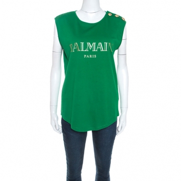 Pre Owned Balmain Green Cotton Shoulder Logo Button Detail Sleeveless T-Shirt M