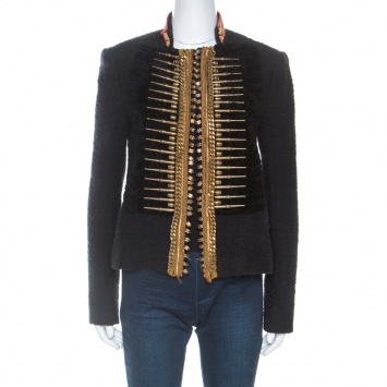 Pre Owned Balmain Black Knit Metal Embellished Detail Military Jacket L