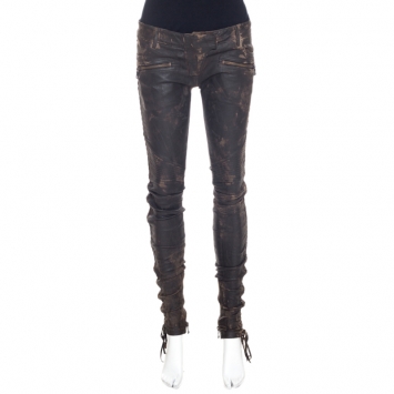 Pre Owned Balmain Brown Distressed Leather Side Lace Up Pants S