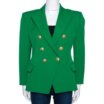 Pre Owned Balmain Green Cotton Blend Double Breasted Tailored Blazer L