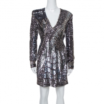 Pre Owned Balmain Silver Sequin & Stud Embellished Mini Dress M